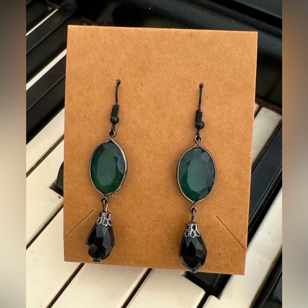 Handmade Earrings with Green and Black Accent Glass Stones.